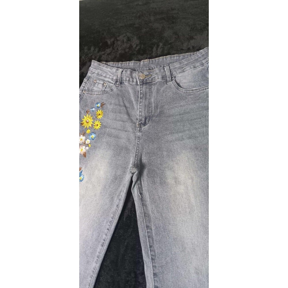 Y2K Hippie Flower Embroidered High Waisted Wide Leg Flare Denim Jeans XL 70s 90s - Picture 3 of 10